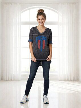 Her Universe Marvel Captain America Distressed Varsity Hi-Lo V-Neck T-Shirt XS